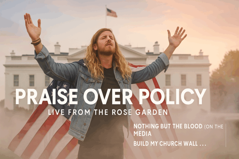 Sean Feucht Says ‘Jesus Is Lord’ at White House A worship leader stands at a White House podium holding a guitar, with golden stage lights and fog machines. Album title: Let Every Tweet Be Praise.
