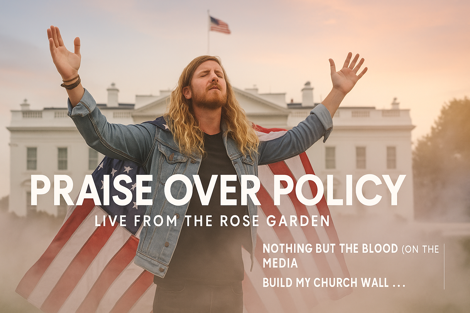 A worship leader stands at a White House podium holding a guitar, with golden stage lights and fog machines. Album title: Let Every Tweet Be Praise.