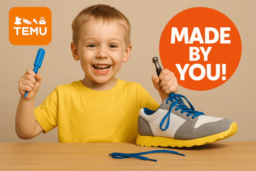 A young child smiling and holding half-assembled sneakers under a Temu "Made By You" banner promoting DIY product kits.