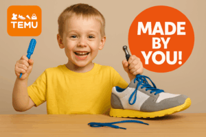 A young child smiling and holding half-assembled sneakers under a Temu "Made By You" banner promoting DIY product kits.