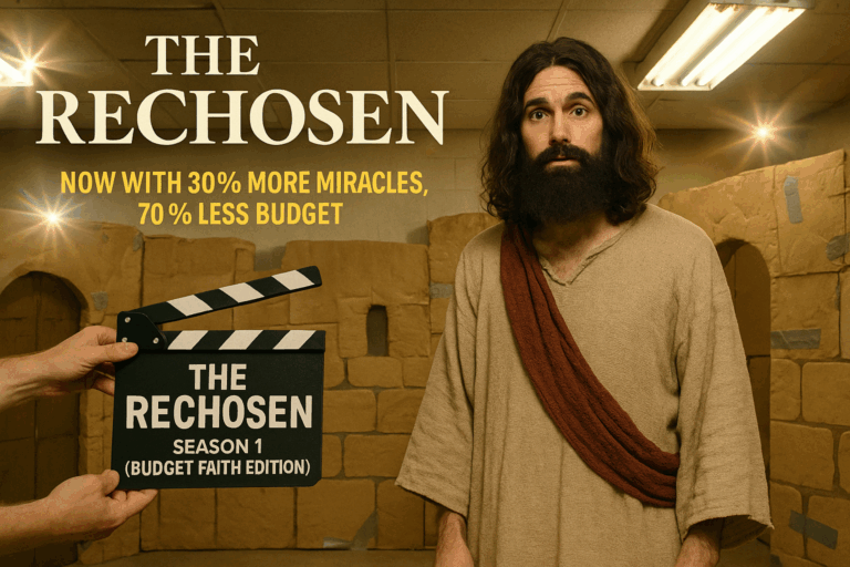“Actor dressed as Jesus stands awkwardly in front of cardboard biblical set; clapperboard reads ‘The ReChosen: Season 1 (Budget Faith Edition)’ with tagline ‘Now with 30% more miracles, 70% less budget’