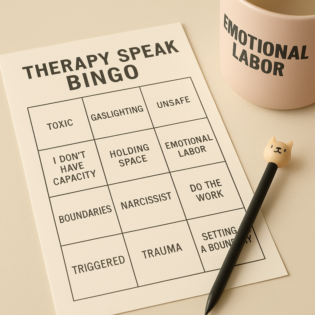 A flat-lay photo of a Therapy Speak Bingo card on a soft beige table. The card features therapy-inspired phrases like “Toxic,” “Gaslighting,” “I Don’t Have Capacity,” and “Setting a Boundary.” Beside it sits a pastel mug labeled “EMOTIONAL LABOR” and a pen with a cat figurine on top.