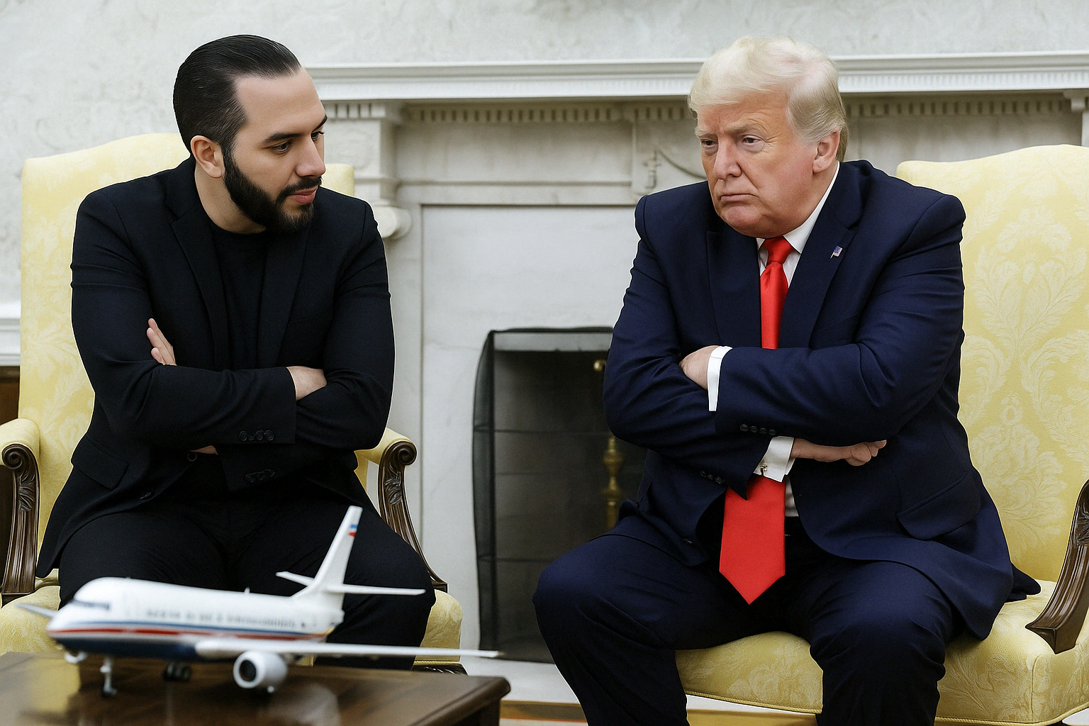 A satirical image of former President Donald Trump sitting in the Oval Office with arms crossed and a visibly upset expression, facing El Salvador’s President Nayib Bukele during a diplomatic meeting.