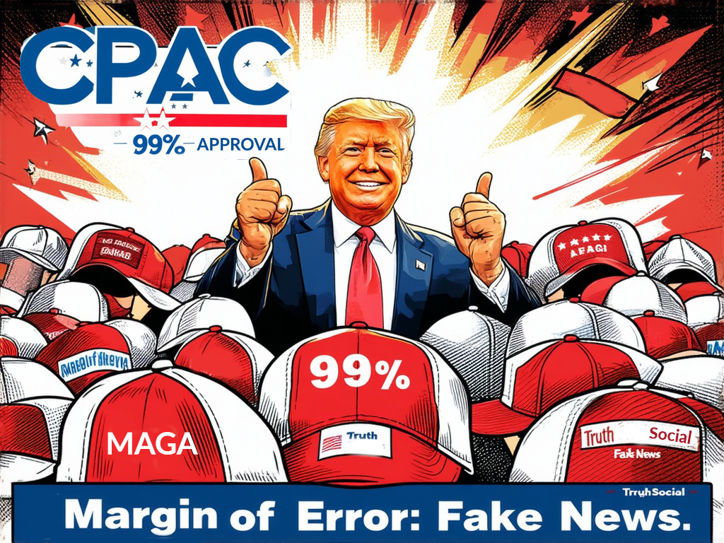 Cartoonish image of Donald Trump giving two thumbs up in front of a sea of red MAGA-style hats, one reading “99%,” with CPAC branding and the caption “Margin of Error: Fake News.”