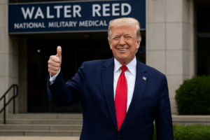 “A smiling man in a navy suit and red tie gives a thumbs-up while standing outside Walter Reed National Military Medical Center, symbolizing a triumphant return after a physical exam.”