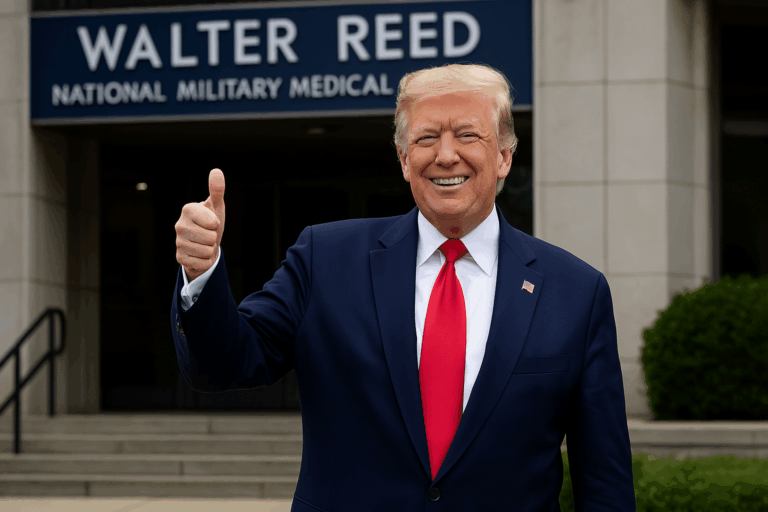 “A smiling man in a navy suit and red tie gives a thumbs-up while standing outside Walter Reed National Military Medical Center, symbolizing a triumphant return after a physical exam.”