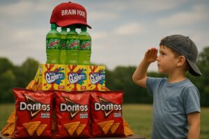 Boy salutes junk food pyramid made of Doritos, Gushers, Mountain Dew, and a red hat labeled “Brain Food”; humorous political satire of Trump’s MAHA health policy.