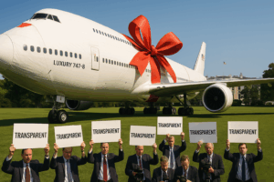 “Large jet with red bow labeled ‘Luxury 747-8’ on White House lawn, group of reporters holding signs that say ‘TRANSPARENT’