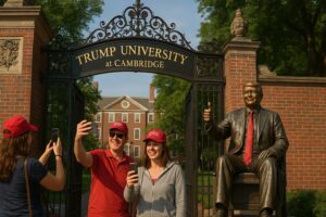 Photorealistic satire of Harvard’s gate rebranded as “Trump University at Cambridge.” A bronze statue of Donald Trump gives a thumbs-up beside the brick entrance, while two visitors in red MAGA hats snap cheerful selfies in front of the ornate wrought-iron sign.