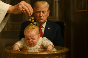 Satirical image depicting a baby's mock christening ceremony, where gold coins or 'TRUMP' symbols are sprinkled over the infant at an ornate, gold-plated font, with stern-looking figures in business suits observing.