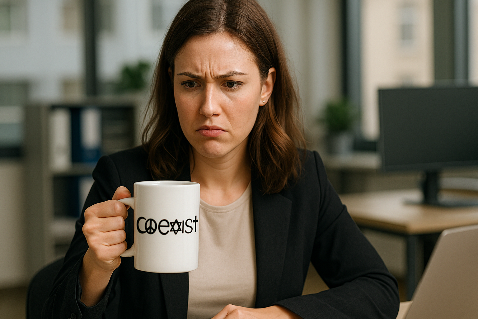 A young professional woman in a modern office frowning at a white coffee mug that displays the "Coexist" symbol.